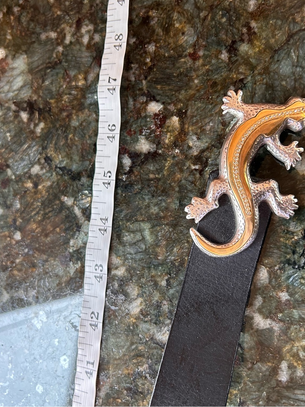 Chico’s Black Leather Belt with Gold and Silver Lizard Gecko Iguana. Jewels. M\L - Picture 6 of 7